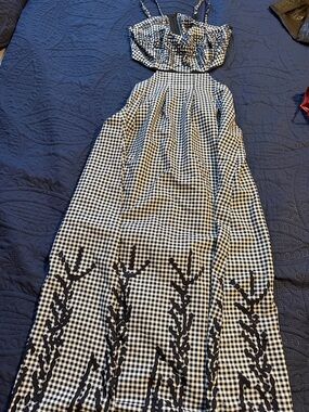Black and White Gingham Maxi Dress with Embroidered Hem - women